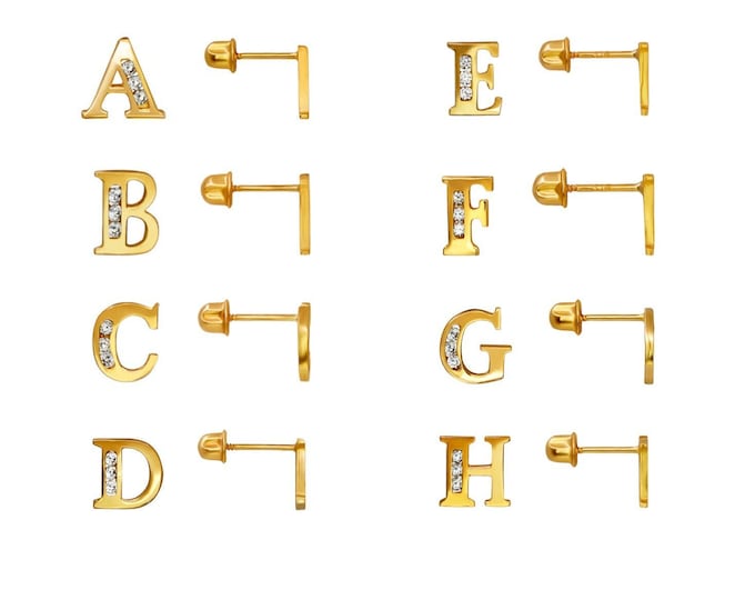 14K Real Gold Initial Letter Baby Screw Backing Earring 7.00 MM Small Size Available letter A - Z