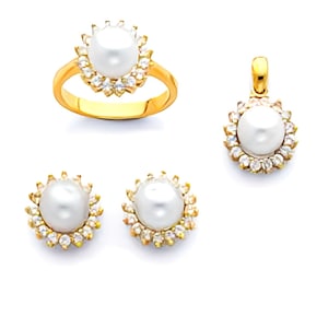 14K Gold 8mm Round Pearl Collection with Gemstone, For women&#39;s Gift and Anniversary Gift , Pendant , Earring, Ring Sold Separately