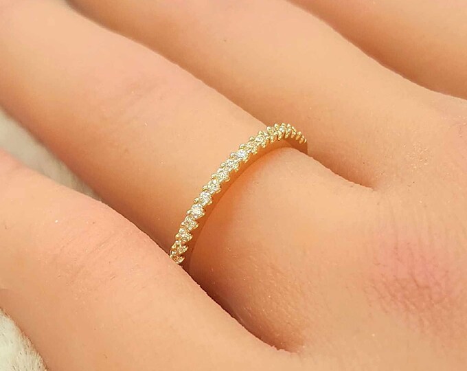 Thin Band 1.50mm 14K Solid Gold Round Cut Wedding Band Ring Promise Engagement Women's Rings Small Round CZ Gemstone