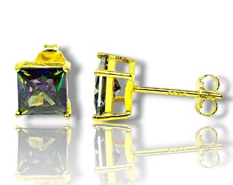 925 Sterling Silver Square with Mystic Topaz Gemstone CZ Push Backing Thicker post 4mm 5mm 6mm 7mm 8mm Men's Women's Stud Earring 1 pair.