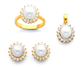14K Gold 8mm Round Pearl Collection with Gemstone, For women's Gift and Anniversary Gift , Pendant , Earring, Ring Sold Separately