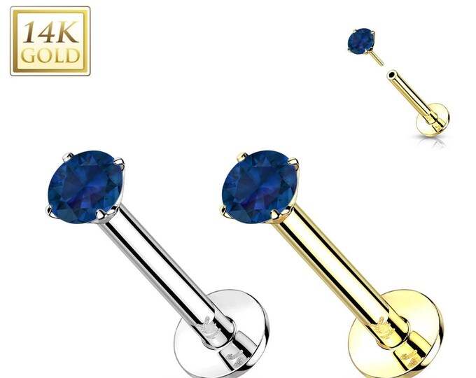 Blue Sapphire 14K Gold Threadless Push-in Labret 18 GAUGE, Flat Back Studs With Prong Set for Cartilage, Monroe, Nose Stud.