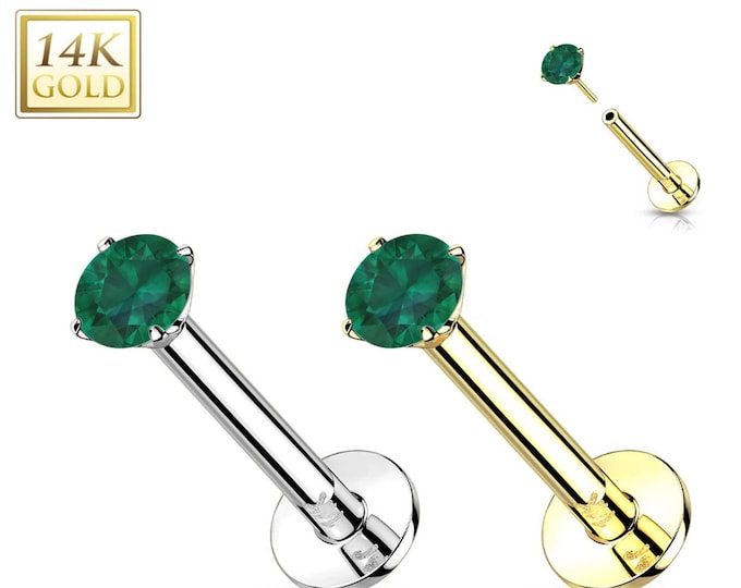 Green Gemstone 14K Gold Threadless Push-in Labret 18 GAUGE, Flat Back Studs With Prong Set for Cartilage, Monroe, Nose Stud.