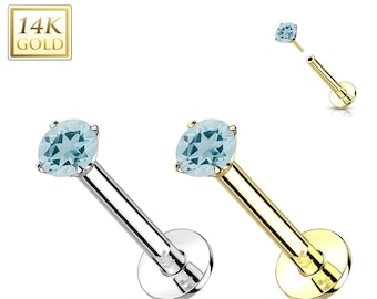 Aquamarine 14K Gold Threadless Push-in Labret 18 GAUGE, Flat Back Studs With Prong Set for Cartilage, Monroe, Nose Stud.