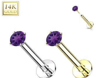 Amethyst 14K Gold Threadless Push-in Labret 18 GAUGE, Flat Back Studs With Prong Set for Cartilage, Monroe, Nose Stud.