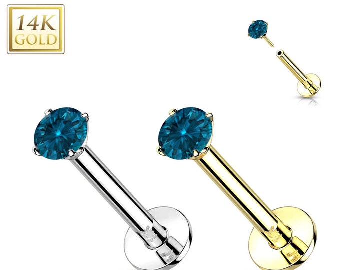 Natural Blue diamond Color 14K Gold Threadless Push-in Labret 18 GAUGE, Flat Back Studs With Prong Set CZ Top Real Blue Diamond