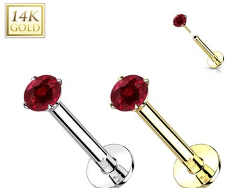 Ruby 14K Gold Threadless Push-in Labret 18 GAUGE, Flat Back Studs With Prong Set for Cartilage, Monroe, Nose Stud.