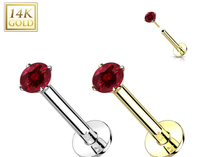 Ruby 14K Gold Threadless Push-in Labret 18 GAUGE, Flat Back Studs With Prong Set for Cartilage, Monroe, Nose Stud.