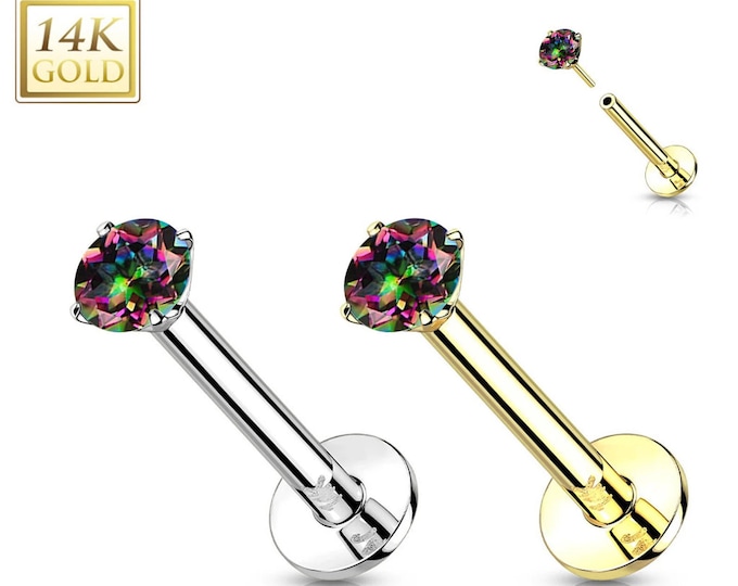 Moissanite 7 Color 14K Gold Threadless Push-in Labret 18 GAUGE, Flat Back Studs With Prong Set CZ Top for Cartilage, Monroe, Nose Stud