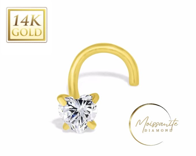 Moissanite Heart Shape 14K Solid Gold Nose Stud L shape or Twisted Crooked Screw or Ball End 20 GA Pear Shape Moissanite nose Piercing.