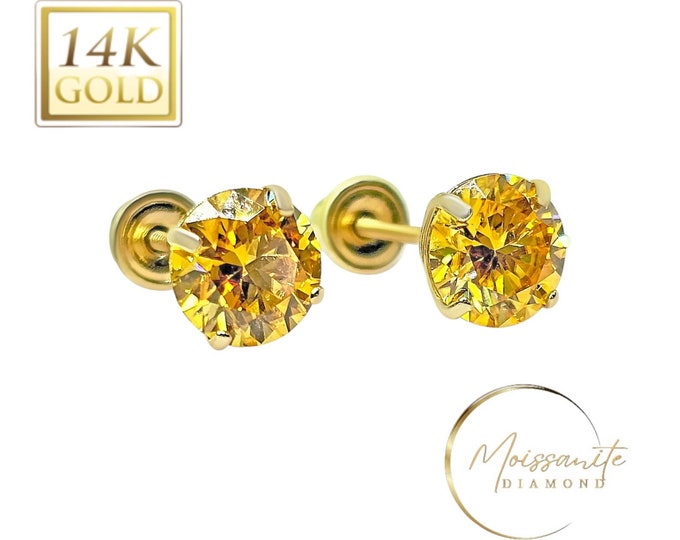 Yellow Moissanite 14K Real Yellow Gold Light Weight Gold sold in 1 Pair Round Solitaire Moissanite  Earrings stud.