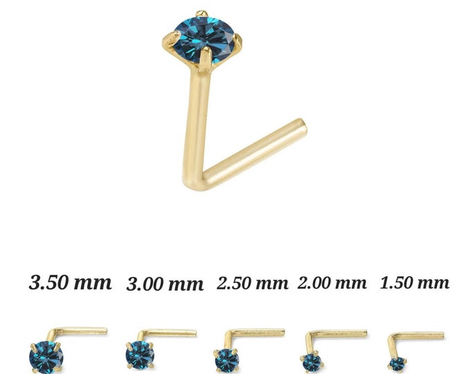 Lab Grown Blue Diamond 14K Solid Gold Nose Stud L shape or Twisted Crooked Screw 20 GA With Lab Grown Blue Diamond VS1 DEF