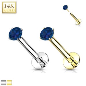 Blue Sapphire 14K Gold Threadless Push-in Labret 18 GAUGE, Flat Back Studs With Prong Set for Cartilage, Monroe, Nose Stud.