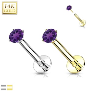 Amethyst 14K Gold Threadless Push-in Labret 18 GAUGE, Flat Back Studs With Prong Set for Cartilage, Monroe, Nose Stud.
