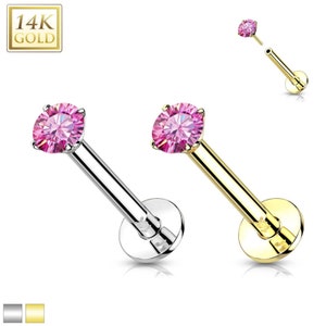 Moissanite Pink 14K Gold Threadless Push-in Labret 18 GAUGE, Flat Back Studs With Prong Set CZ Top for Cartilage, Monroe, Nose Stud