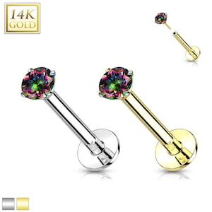 Moissanite 7 Color 14K Gold Threadless Push-in Labret 18 GAUGE, Flat Back Studs With Prong Set CZ Top for Cartilage, Monroe, Nose Stud