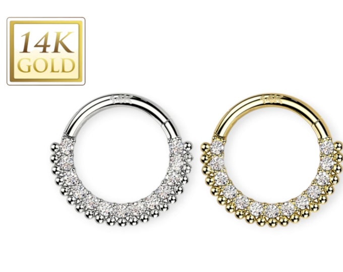 14K Gold Hinged Segment Hoop Rings with Lined CZ and Balls 16 Gauge 8.00mm.
