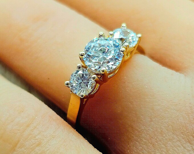 3-Stone Round-Cut Engagement Ring in 14K Yellow Gold Wedding With Option Upgrade Gemstone for your budget.
