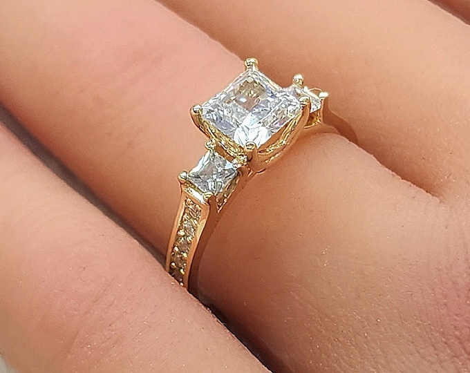 14K Real Solid Gold 2.50 Ct CZ  Princess Cut 3 Stone Engagement Wedding Promise Ring