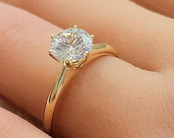 Moissanite or LAB Grown Diamond or CZ Glass, 14K Solid Gold Solitaire Cut Wedding Band Ring Wedding Promise Engagement Women's