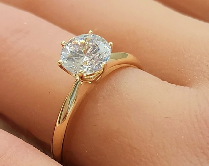 Moissanite or LAB Grown Diamond or CZ Glass, 14K Solid Gold Solitaire Cut Wedding Band Ring Wedding Promise Engagement Women's