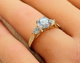 3-Stone Trellis Round-Cut CZ Engagement Ring in Two-Tone 14K Yellow Gold 1.5ctw Wedding 1 piece of Ring Brand New .