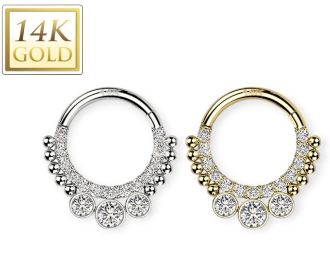 14K Gold Hinged Segment Hoop Rings with CNC Set CZ Paved Front and 3 Bezel Set CZ with 16 Gauge 8-10mm