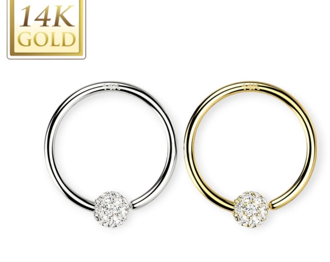 14K Gold Hoop Ring with Fixed CZ Paved Ball 20GA 18GA 16 GA Captive CZ , Tragus , Cartilage, Hoop sold 1 Piece Real 14K Gold .