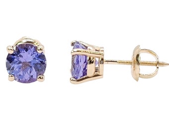 Tanzanite 14K Solid Gold  Round Solitaire Earrings stud Choice CZ or Natural Tanzanite choice Screw Backing or Butterfly Push Back 4mm - 8mm
