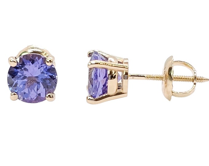 Tanzanite 14K Solid Gold  Round Solitaire Earrings stud Choice CZ or Natural Tanzanite choice Screw Backing or Butterfly Push Back 4mm - 8mm