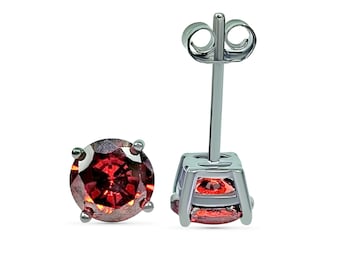 Sterling Silver Round with Red Garnet CZ or Natural Garnet Push Backing Thicker post 4mm 5mm 6mm 7mm 8mm Men's Women's Stud Earring 1 pair.