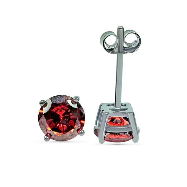 Sterling Silver Round with Red Garnet CZ or Natural Garnet Push Backing Thicker post 4mm 5mm 6mm 7mm 8mm Men's Women's Stud Earring 1 pair.