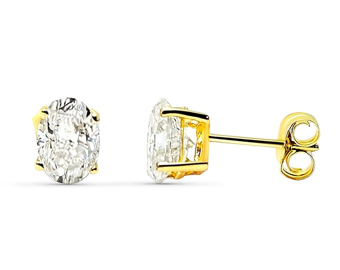 Moissanite Oval 14K Solid Yellow Gold  Available in Baby Screw Backing or Push Backing 3 sizes , 100 % Real Gold and Moissanite Gemstone