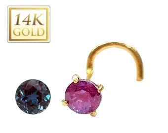 LAB Alexandrite Solitaire Cut  14K Solid gold Nose Ring In Ball End, L-Shaped or Twisted Crooked Screw, 20 GA Real