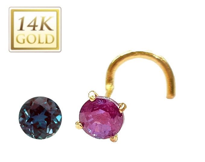 LAB Alexandrite Solitaire Cut  14K Solid gold Nose Ring In Ball End, L-Shaped or Twisted Crooked Screw, 20 GA Real