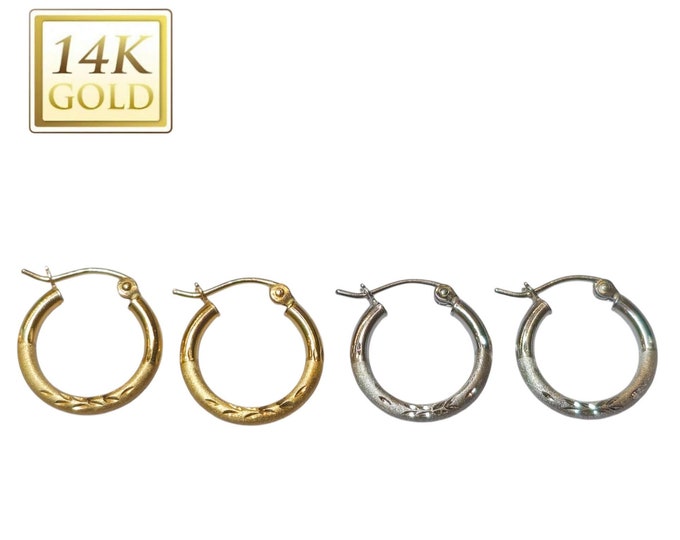2mm 3mm  Round Tube Hoop Earrings 14K Real Gold 1 Pair with Hinged Available in White Gold or Yellow Gold NEW Women's Girl Earrings.