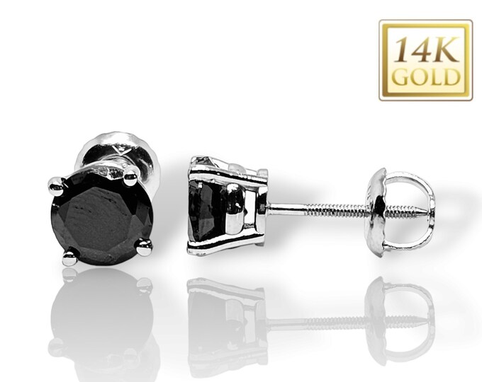 Heavy Basket 14K Solid Gold  sold in 1 Pair Round Black Stud Earrings stud Choice CZ or Moissanite or Natural Diamond