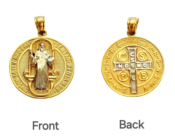 14K Solid Gold Round Two-Sided San Benito Pendant Available in 4 different sizes.