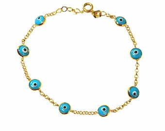 Evil Eye Bracelet 14K Real Gold , Good Luck , protection , Bracelet 6 or 7 Inches , Birthday Gift, Kid's BirthDay gift, Evil Eye Bracelets.