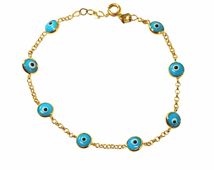 Evil Eye Bracelet 14K Real Gold , Good Luck , protection , Bracelet 6 or 7 Inches , Birthday Gift, Kid's BirthDay gift, Evil Eye Bracelets.