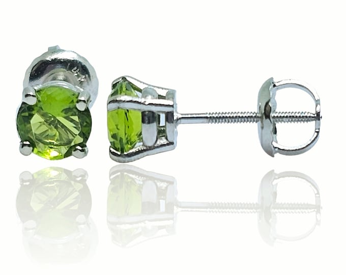 Peridot 14K Solid Gold  Round Solitaire Earrings stud Choice CZ or Natural Peridot choice Screw Backing or Butterfly Push Back 4mm - 8mm