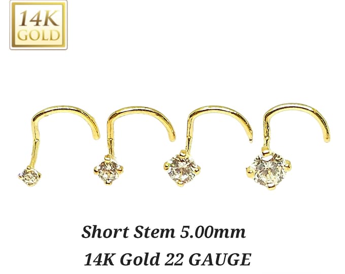 Short Lenght 22 gauge 14K Solid Gold , Curve Bar Nose Stud, Diamond Nose Stud, Stem Very Short 5MM.