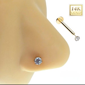 6 prong 14K Gold Threadless Push-in Labret 18 GAUGE, Flat Back Studs With 6 Prong Set CZ Top for Cartilage, Monroe, Nose Stud