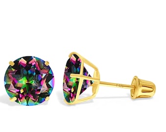 14K Real Gold Solitaire Round Cut  Mystic Topaz CZ's Screw Backing Earring with 4 Prong 3 mm - 6 mm  Men's Women