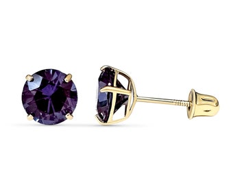 Lab Created Alexandrite 14K Real Gold Solitaire Round Cut  Screw Backing Earring with 4 Prong 3 mm - 8 mm  Women