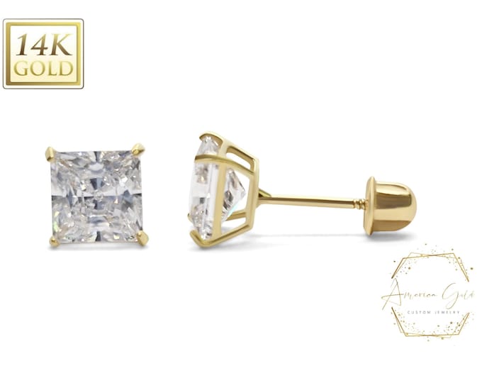 Super Bright 14K Solid Yellow Gold Princess Square Cut Earring with 4 Prong Setting 3mm 4mm 5mm 6mm 7mm 8mm Option of CZ or Moissanite.
