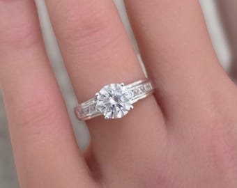 14K gold Solitaire Trellis Design 2.50ct created diamond Engagement ring, Bridal ring.