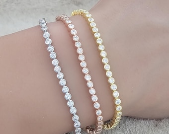 Bezel Round Tennis bracelet Solid Sterling silver 925 with Prong 2mm 2.50mm 3mm 4mm Square Cut in 7.25 Inches sold 1 piece of Bracelet.