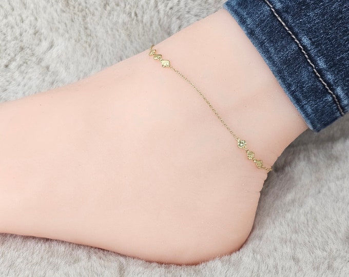 10K Yellow Gold Fancy Anklet Hollow 3 mm Heart design Dainty Rolo Chain 9+ 1 inches .
