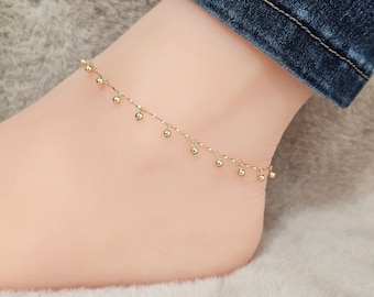 Anklet 14K Yellow Gold with Ball charm design Twisted Chain 9+ 1 inches extension Real Solid Gold ankle Bracelet .